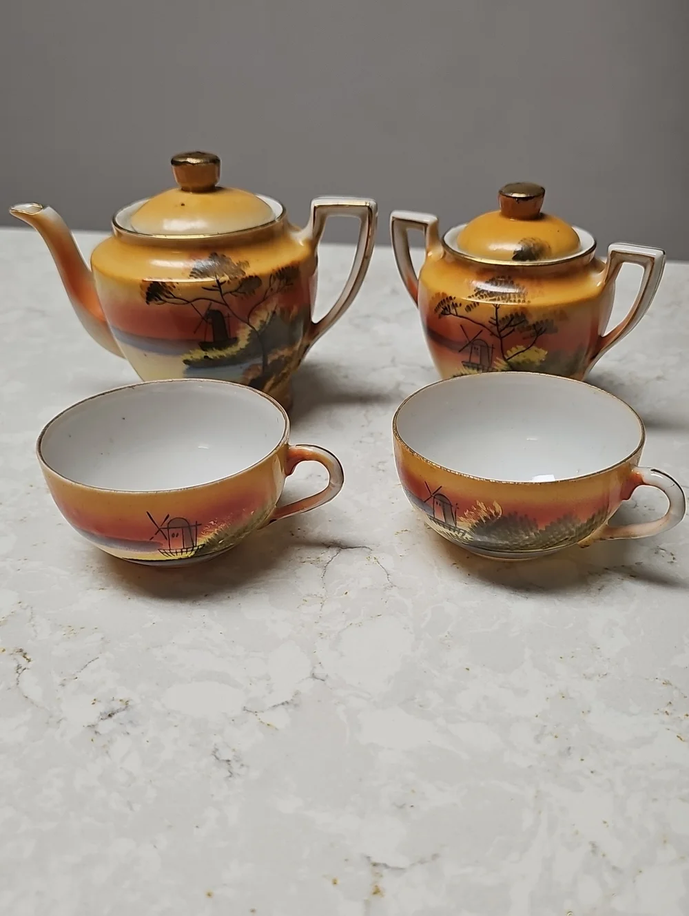 Vintage Porcelain Tea Set in Yellow-Orange Sunset Finish